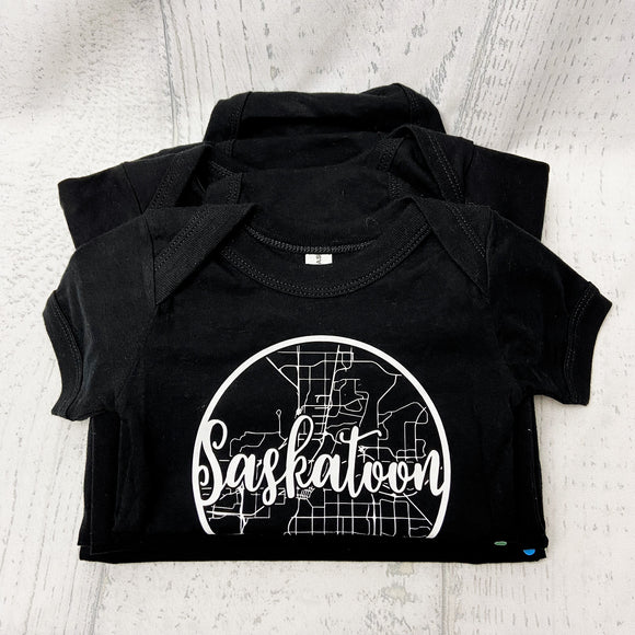 SASKATOON, SK Classic Map Black Onesie **Discontinued Colour/Style**
