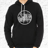 adult-sized black hoodie with white Yorkton hometown map design
